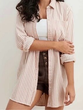 Aerie Maeve Sm‎ Tan White Stripe Button Up Shirt Long Sleeve Oversized Boyfriend